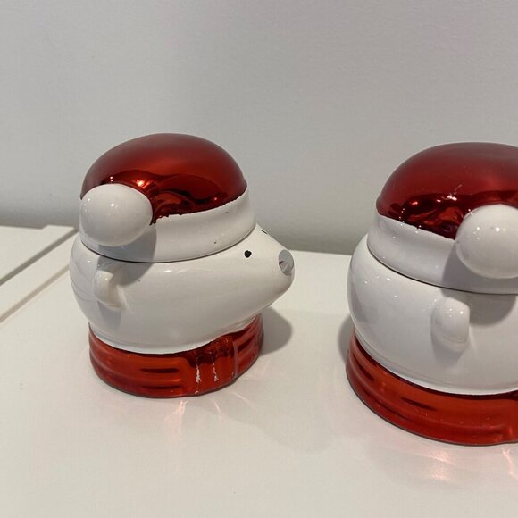 Christmas Polar Bear Ceramic candle holders With Santa Hat Lids or small candy j - Picture 8 of 16